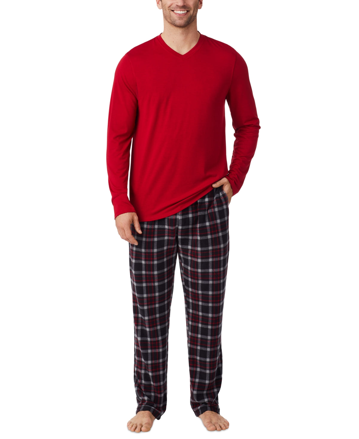 Cuddl Duds Men's Cabin 2-Pc. Solid Long-Sleeve Black Red Plaid XL