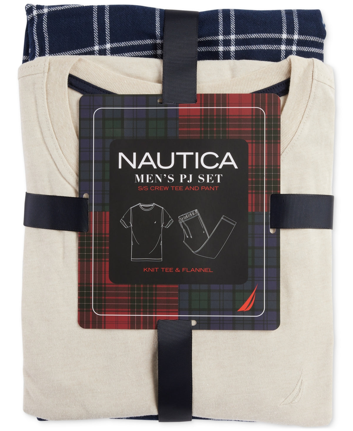 Nautica Men's 2-Pc Classic-Fit Solid Pajama Set with Crew Knit Tee Navy Tan XL