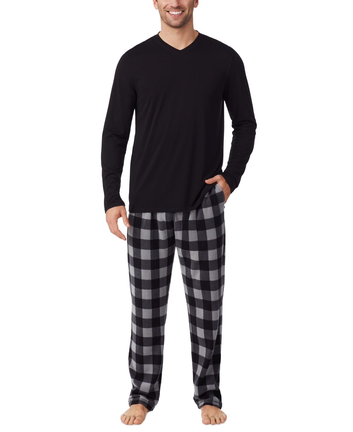 Cuddl Duds Men's Cabin 2-Pc. Solid Long-Sleeve Black Buffalo Check Medium