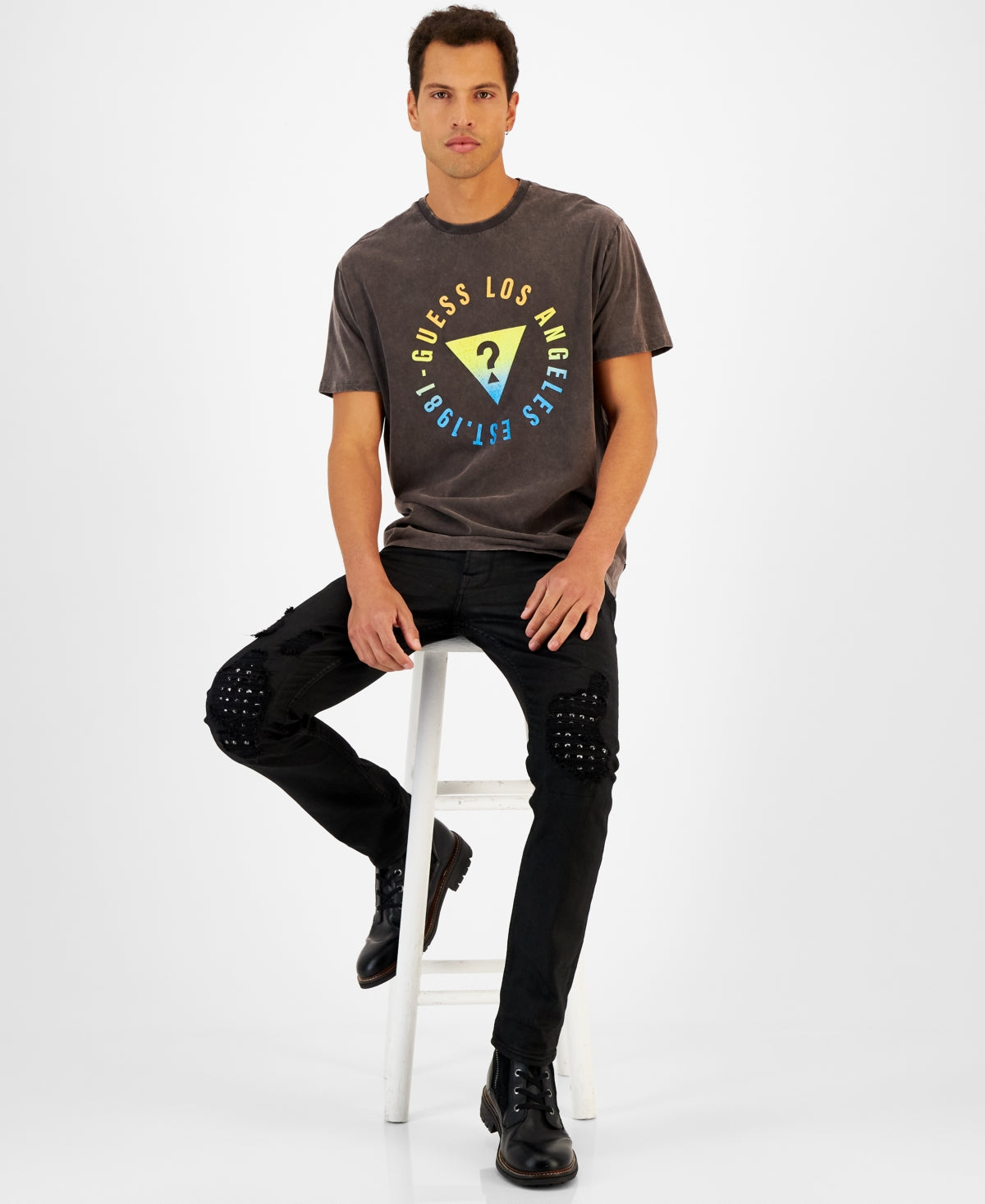 Guess Mens Front Logo Short Sleeve T Shirt Black XL