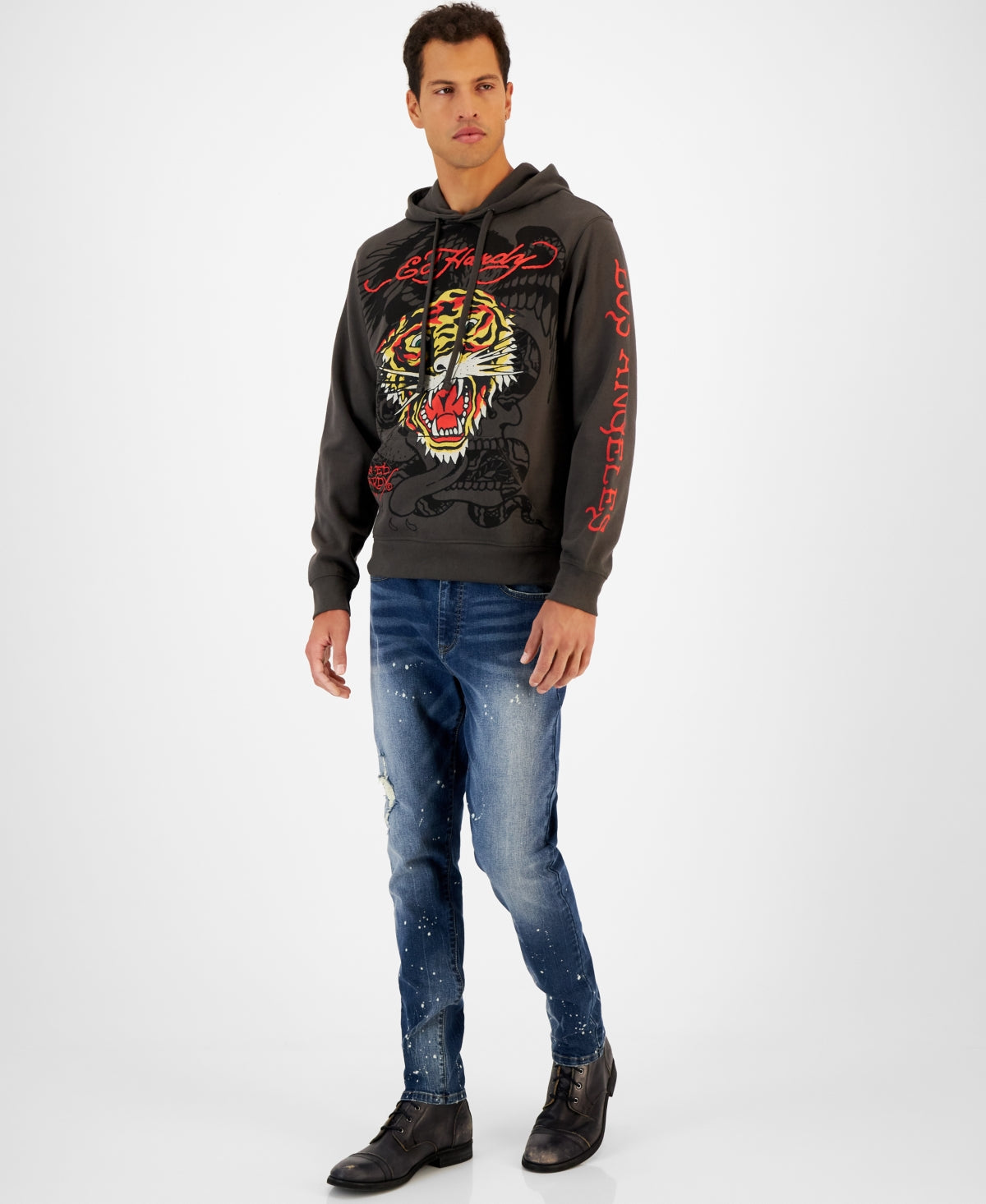 Ed Hardy Mens Relaxed Fit Cotton Hoodie Medium Grey LARGE