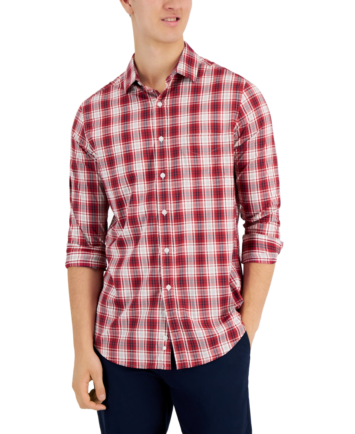 Club Room Mens Plaid Tech Woven Button Down Shirt Red Plaid Small