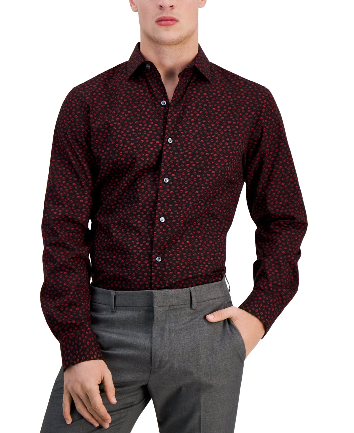 Bar III Mens Slim Fit Kiss Print Button Down Dress Shirt Black Red Large 16 16.5