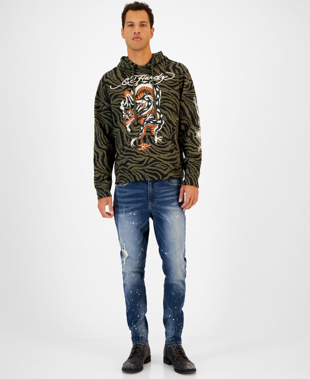 Ed Hardy Dragon Mens Graphic Hoodie Green Size Large