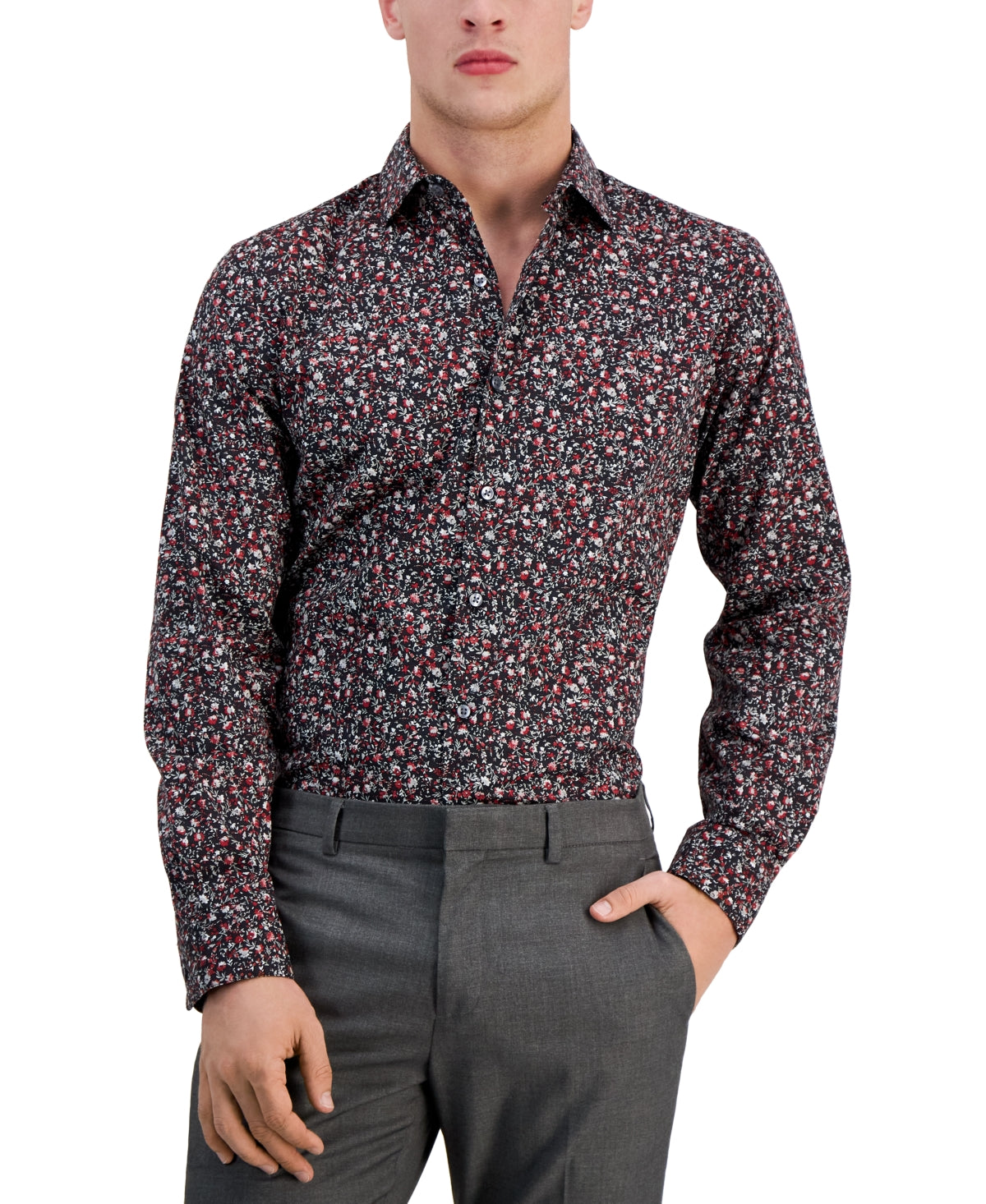 Bar III Men's Slim Fit Floral Print Button Down Shirt Black Red Small