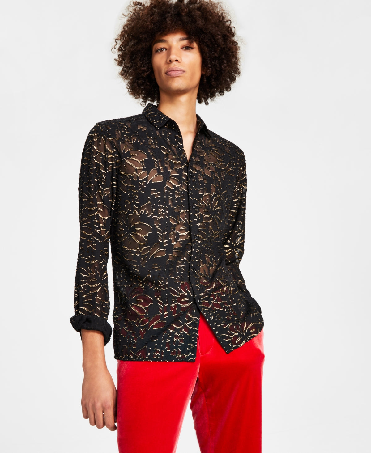 INC International Concepts Mens Long-Sleeve Button Down Floral Shirt Black Small