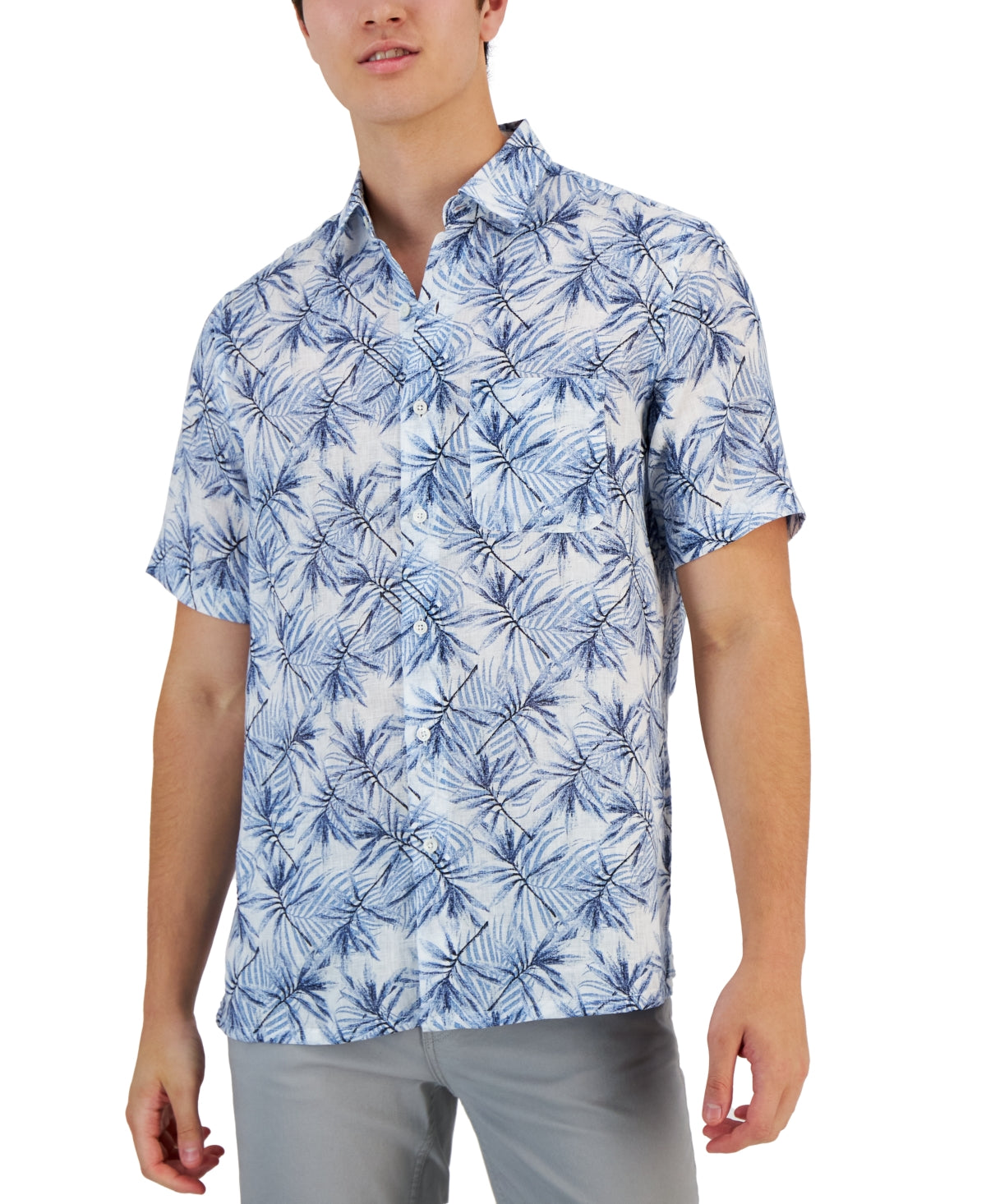 Club Room Mens Classic-Fit Button Down Shirt Leaf Print Blue Large