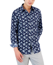 Club Room Mens Geometric Medallion Button Down Shirt Navy Blue Combo Small