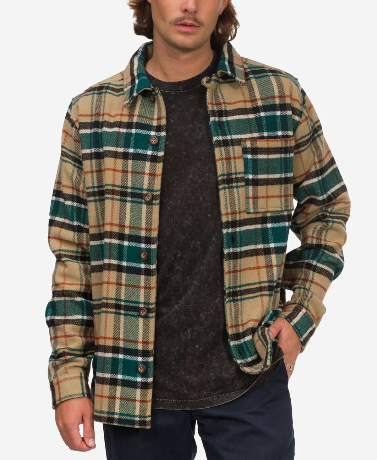 Junk Food Clothing Luca Long Sleeve Pocket Jacket Large Green Brown Plaid