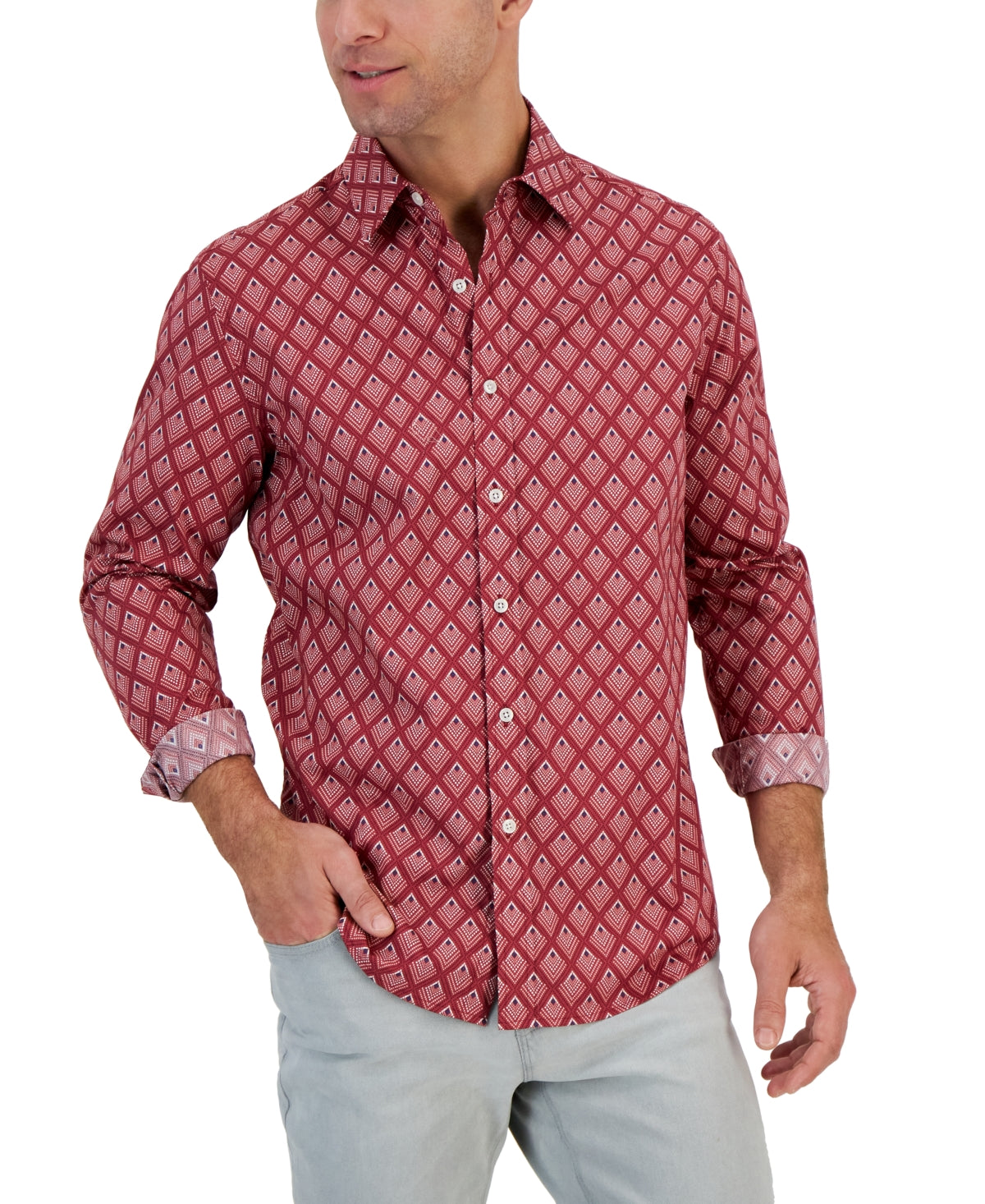 Club Room Men's Cotton Printed Button-Down Shirt Medium Red