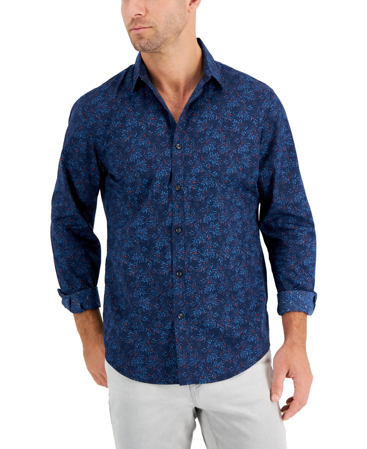 Alfani Mens Entour Leaf Print Button Down Shirt Neo Navy Blue Medium