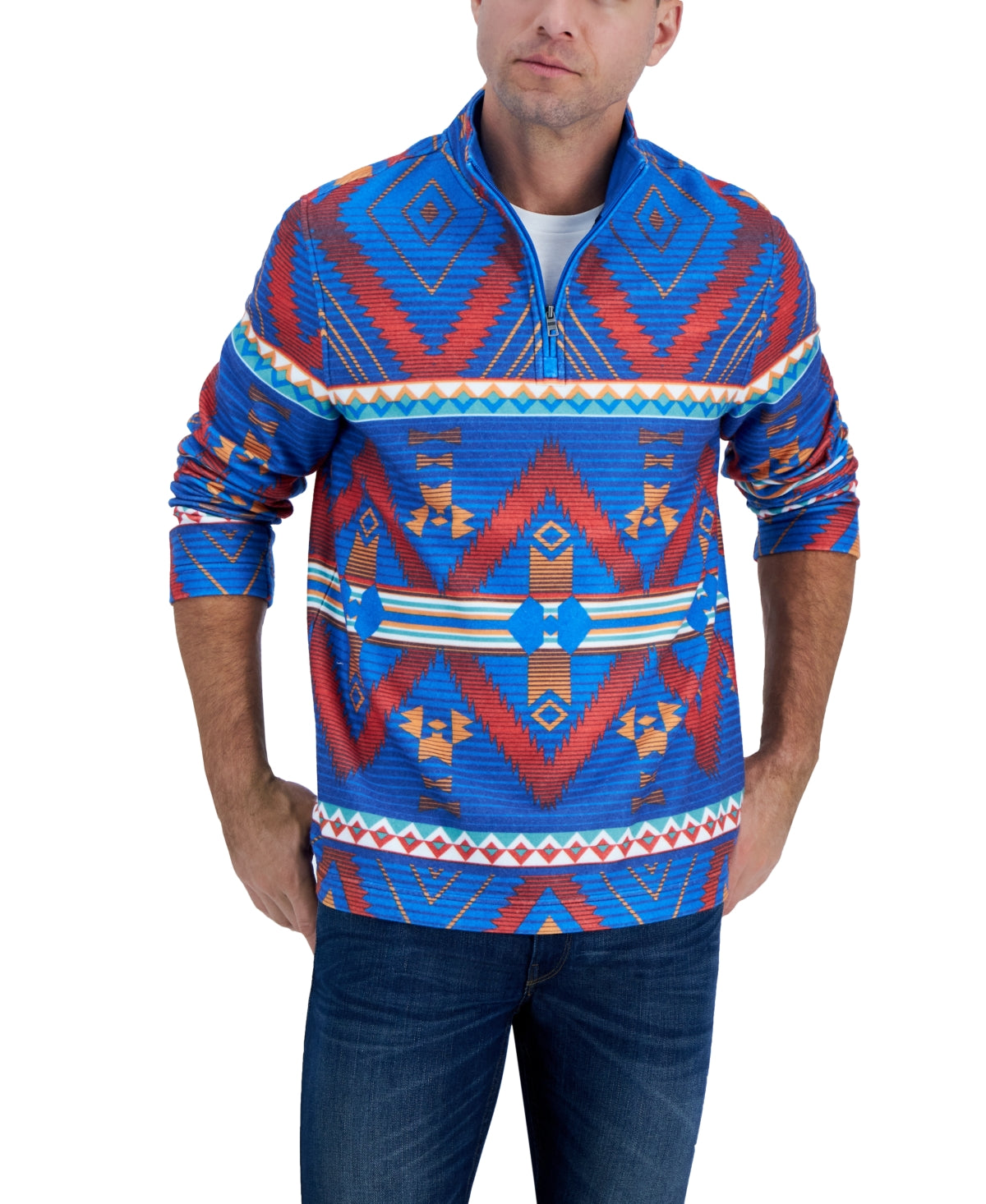 Club Room Men's Geometric print Fleece Sweater Sapphire Blue Small