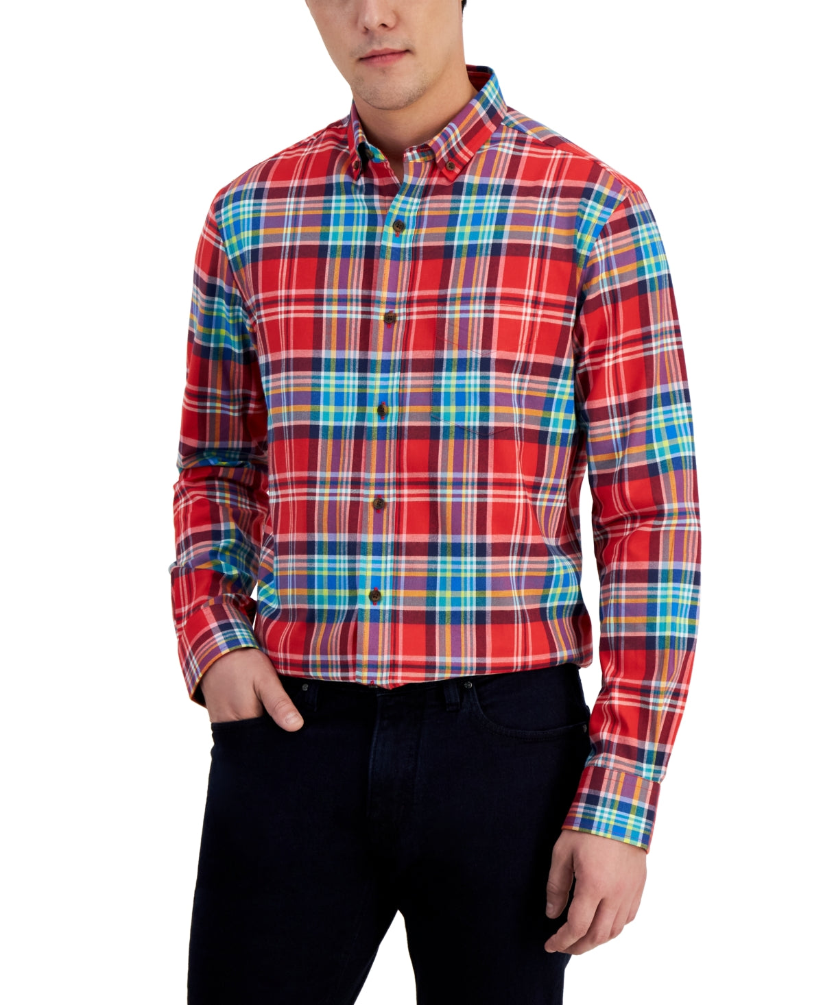 Club Room Men's Holiday Plaid Buttondown  Bright Ruby Red Medium
