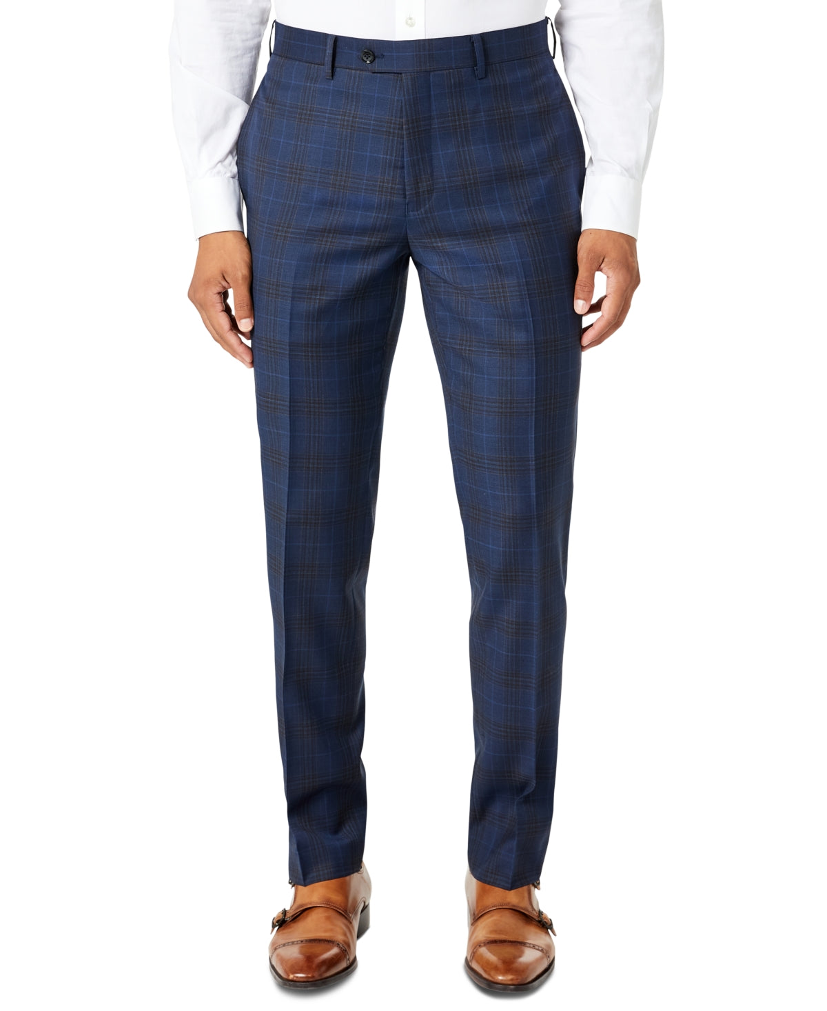 Tallia Men's Slim-Fit Plaid Dress Pants Navy Brown 32 x 30
