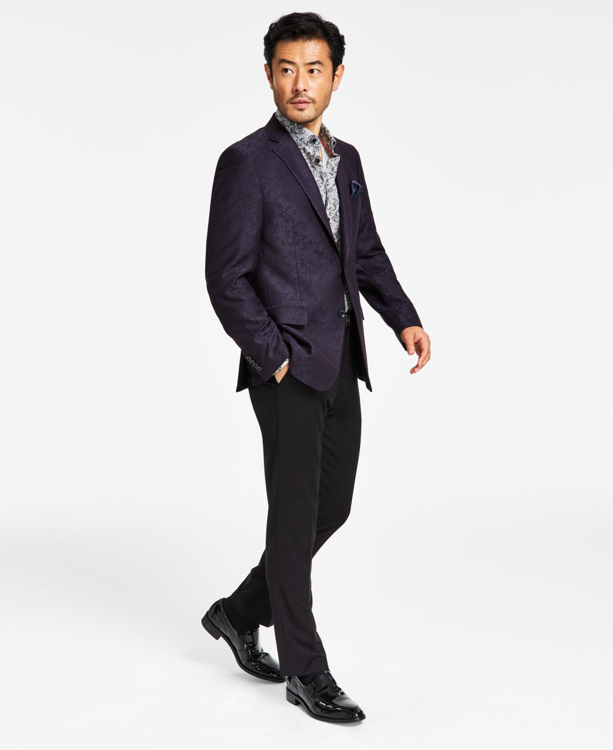 ALFANI Men's Slim-Fit Jacquard Blazer Sport Coat 40R Navy Blue Two Button