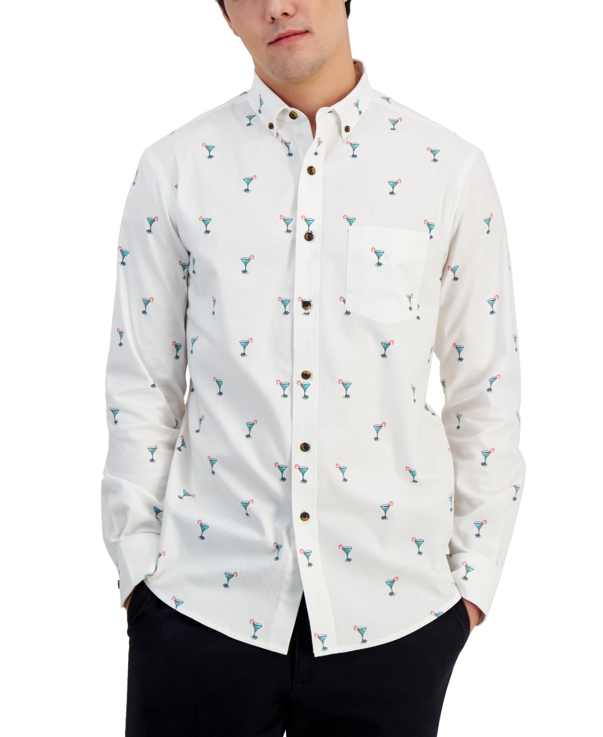 Club Room Men's Holiday Printed Button down Shirt White Large