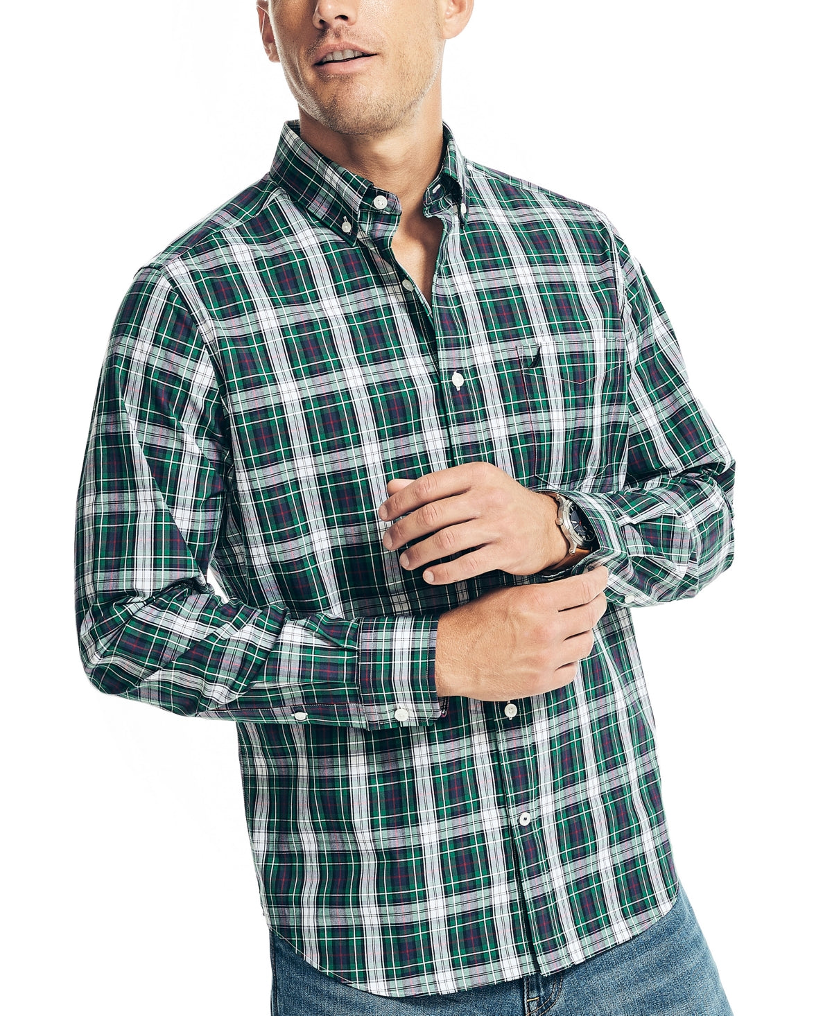 Nautica Men's Wrinkle Resistant Plaid Button Down Work Shirt XL Dark Green
