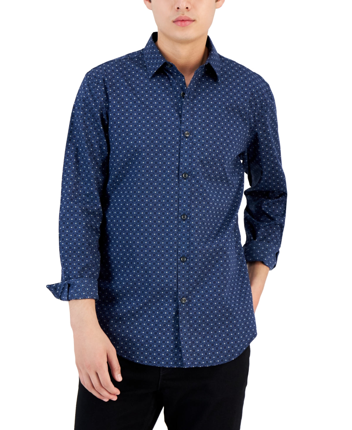 Alfani Mens Utopia Medallion Print Button Down Shirt Neo Navy Blue Meduim