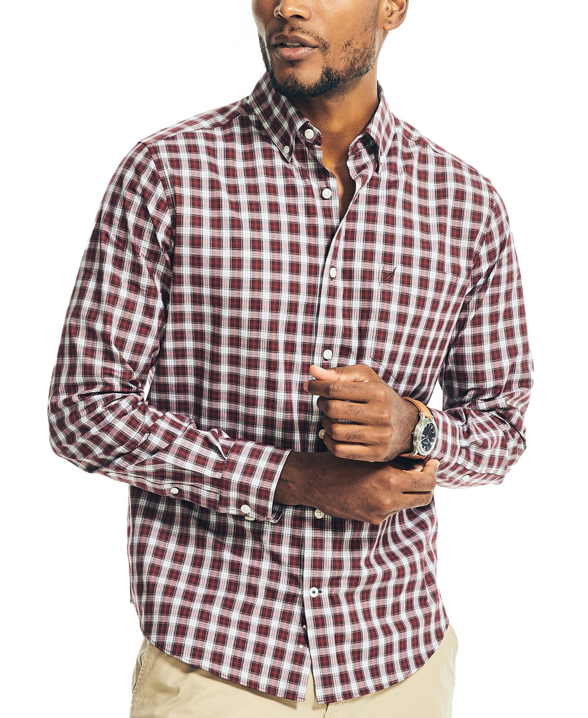 Nautica Men's Wrinkle Resistant Plaid Wear to Work Button Down Shirt Red XL