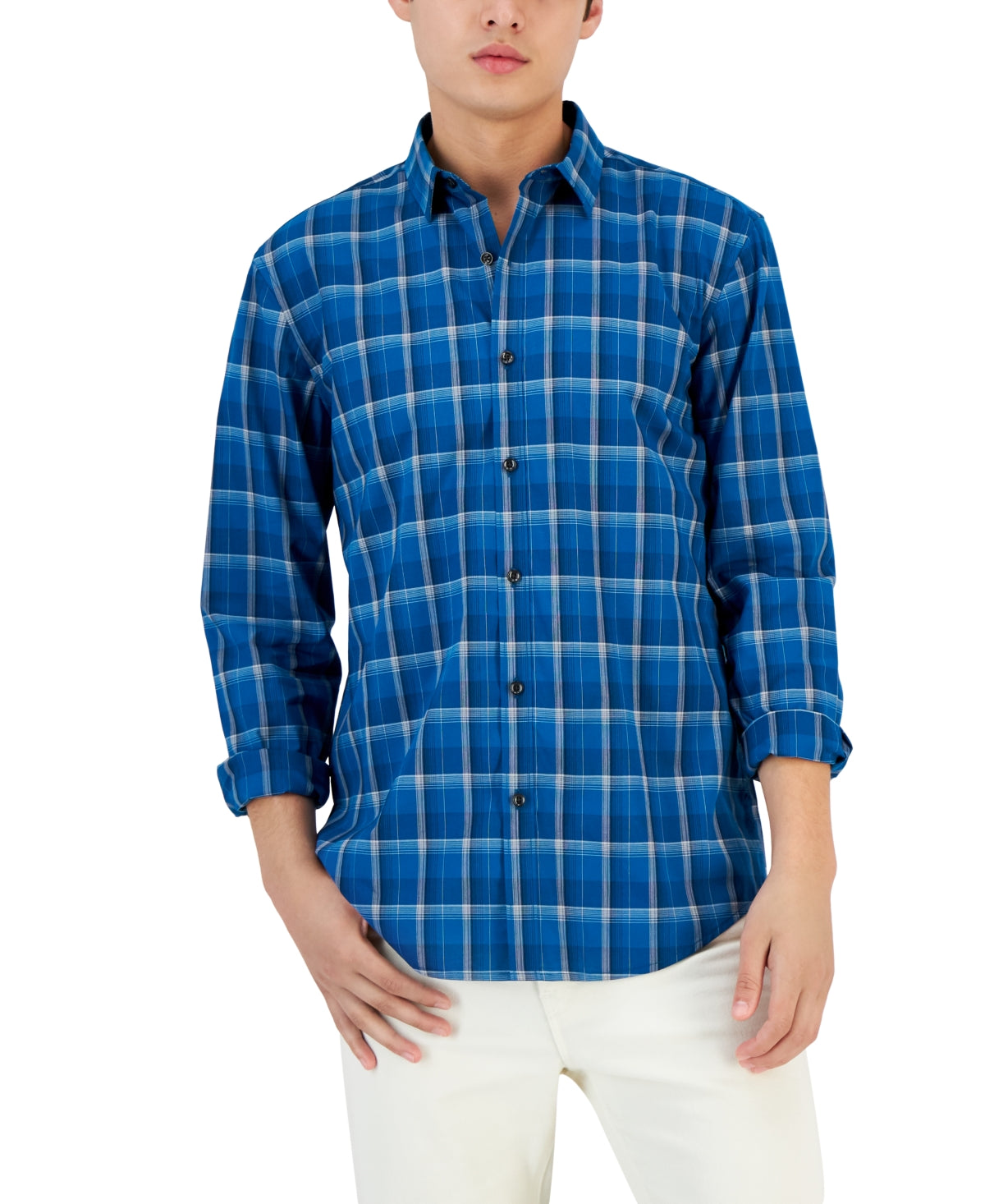 Alfani Men's Plaid Button Down Shirt True Teal Blue Combo Large