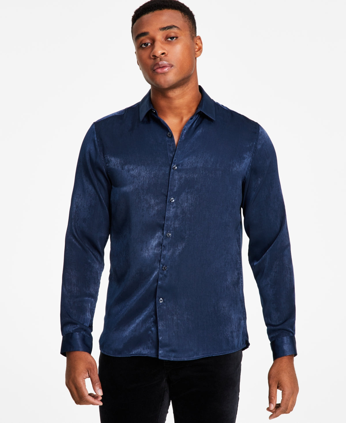 International Concepts Men's Satin Shirt Basic Navy Dark Blue Xs