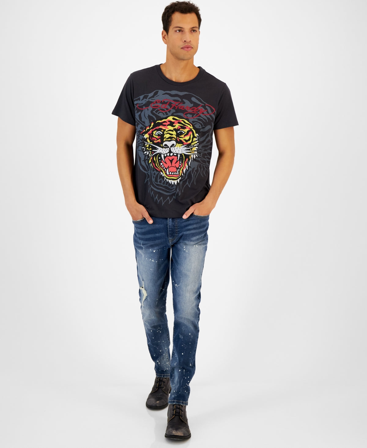 Ed Hardy Mens Faded Black Tiger Graphic Crewneck T shirt Small
