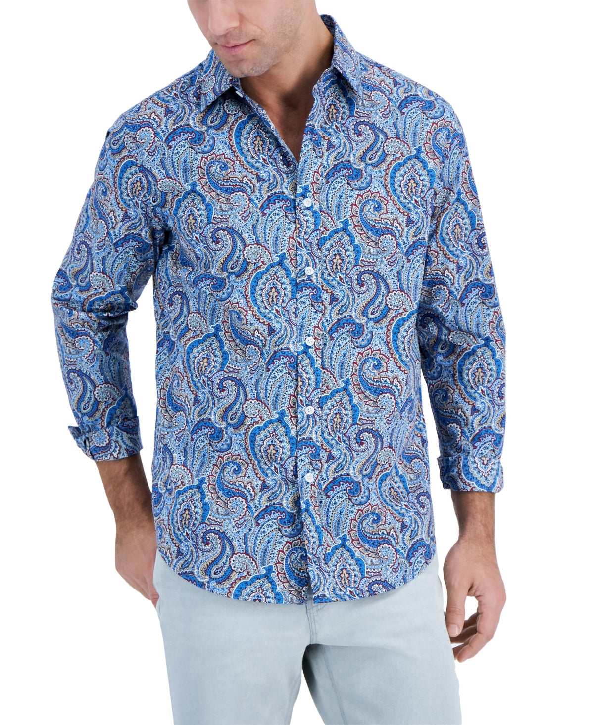 Club Room Jewel Mens Paisley Stretch Button Down Shirt Blue