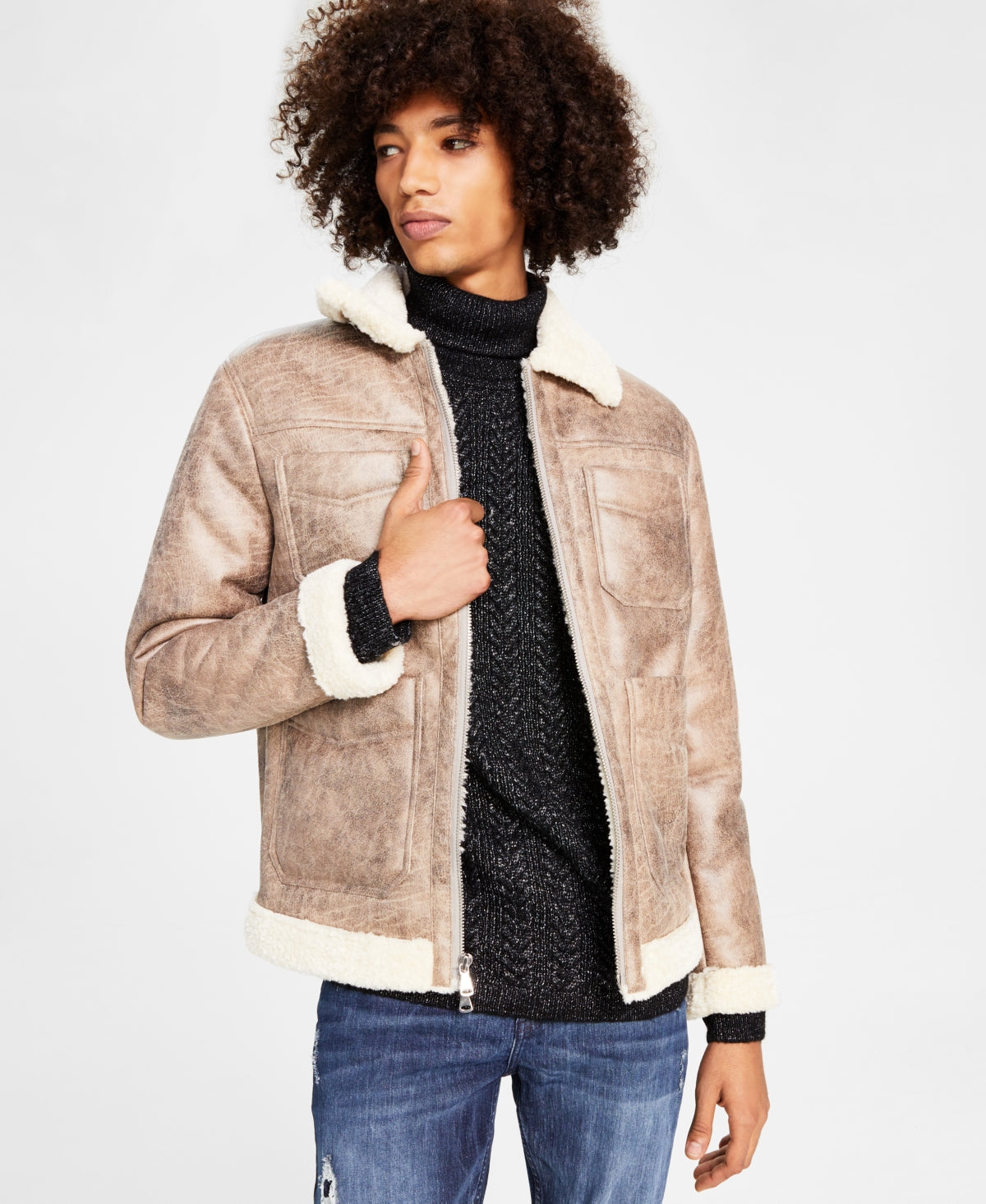 INC International Concepts Mens Flynn Fleece Trimmed Jacket Beige XS