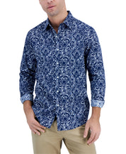 Club Room Bold Whisper Mens Cotton Print Button Down Shirt Blue Small