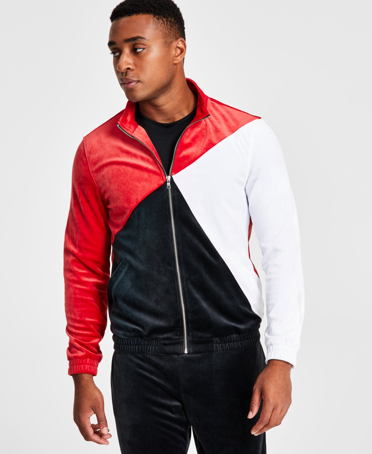 International Concepts Men's Colorblocked Velour Jacket Ruby Red Medium