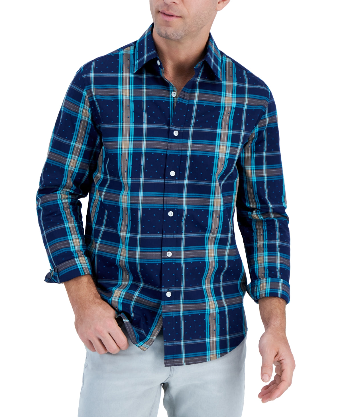 Mens Plaid Stretch Button down Shirt Navy Large Club Room