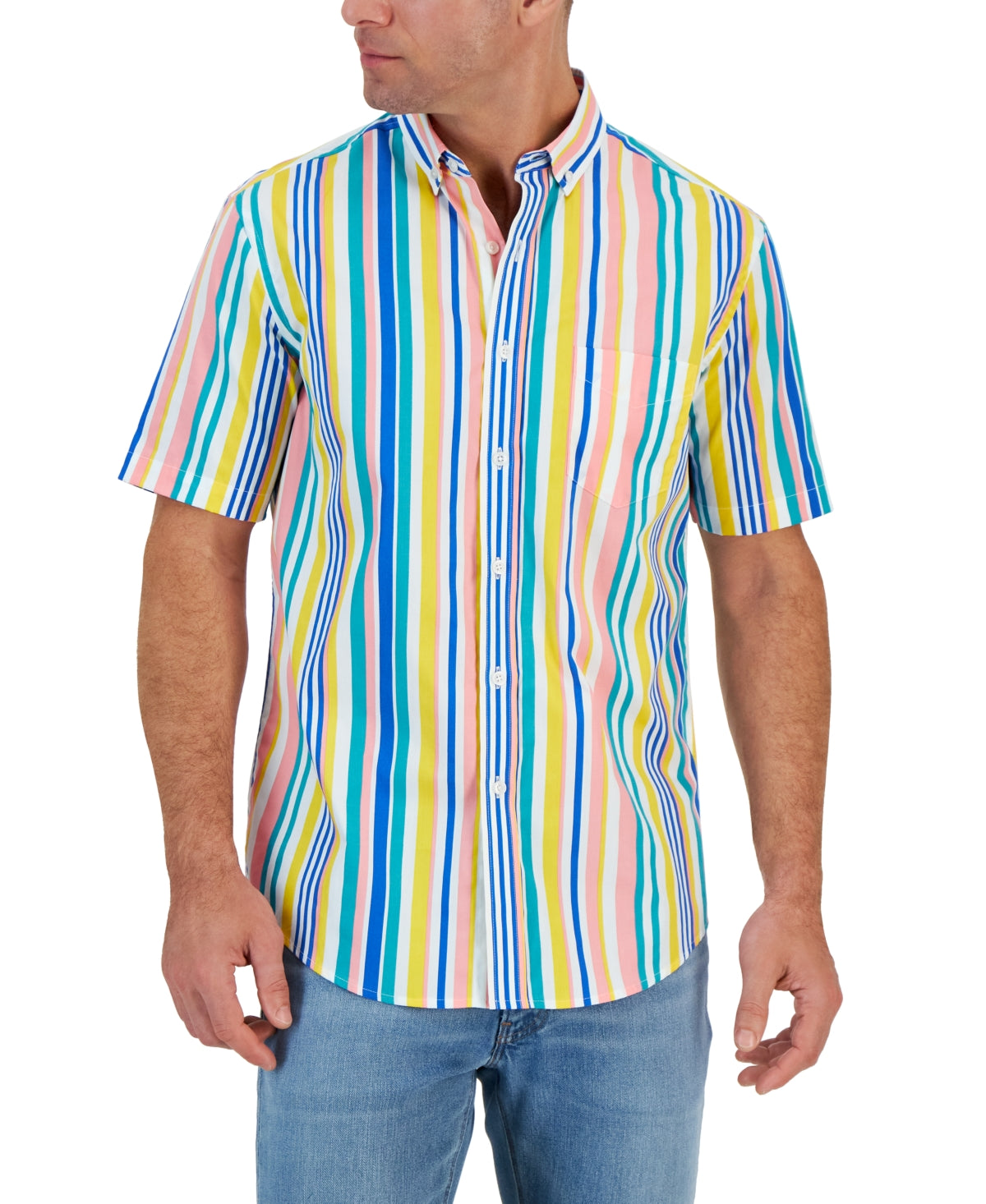 Club Room Men's Shortsleeve Lori Striped Button Down Shirt Multi Color  Small