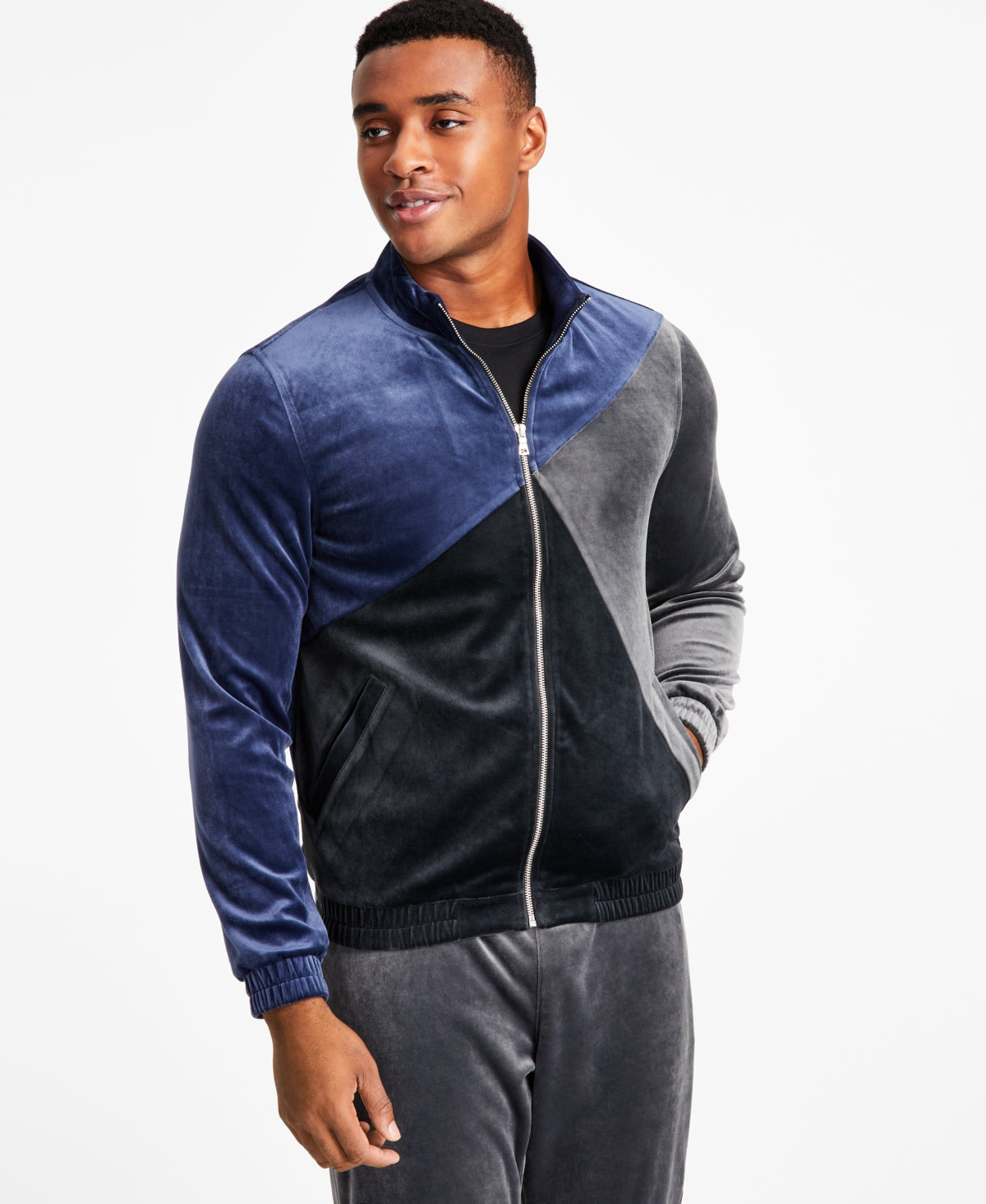 International Concepts Men's Regular fit Colorblocked Velour Jacke Blue Small