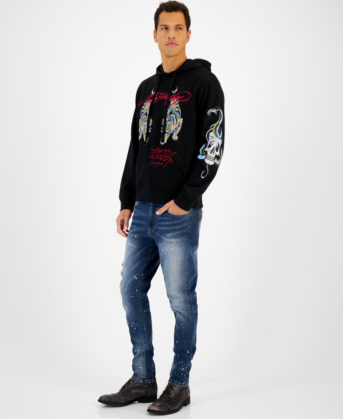 Ed Hardy Men's Crawling Tiger Pullover Hoodie Black Sweatshirt Medium