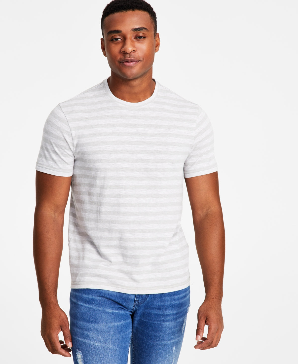 INC International Mens Striped Slub Short Sleeve T-Shirt Silver Grey XL