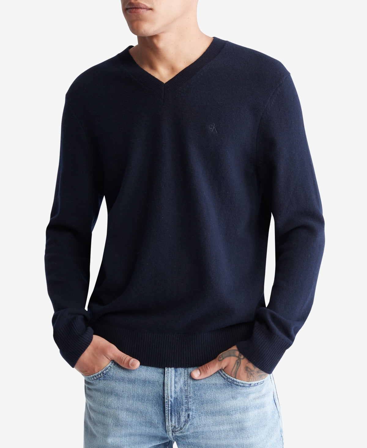 Calvin Klein Mens Solid Regular Fit V Neck Sweater Dark Sapphire Blue 2XL