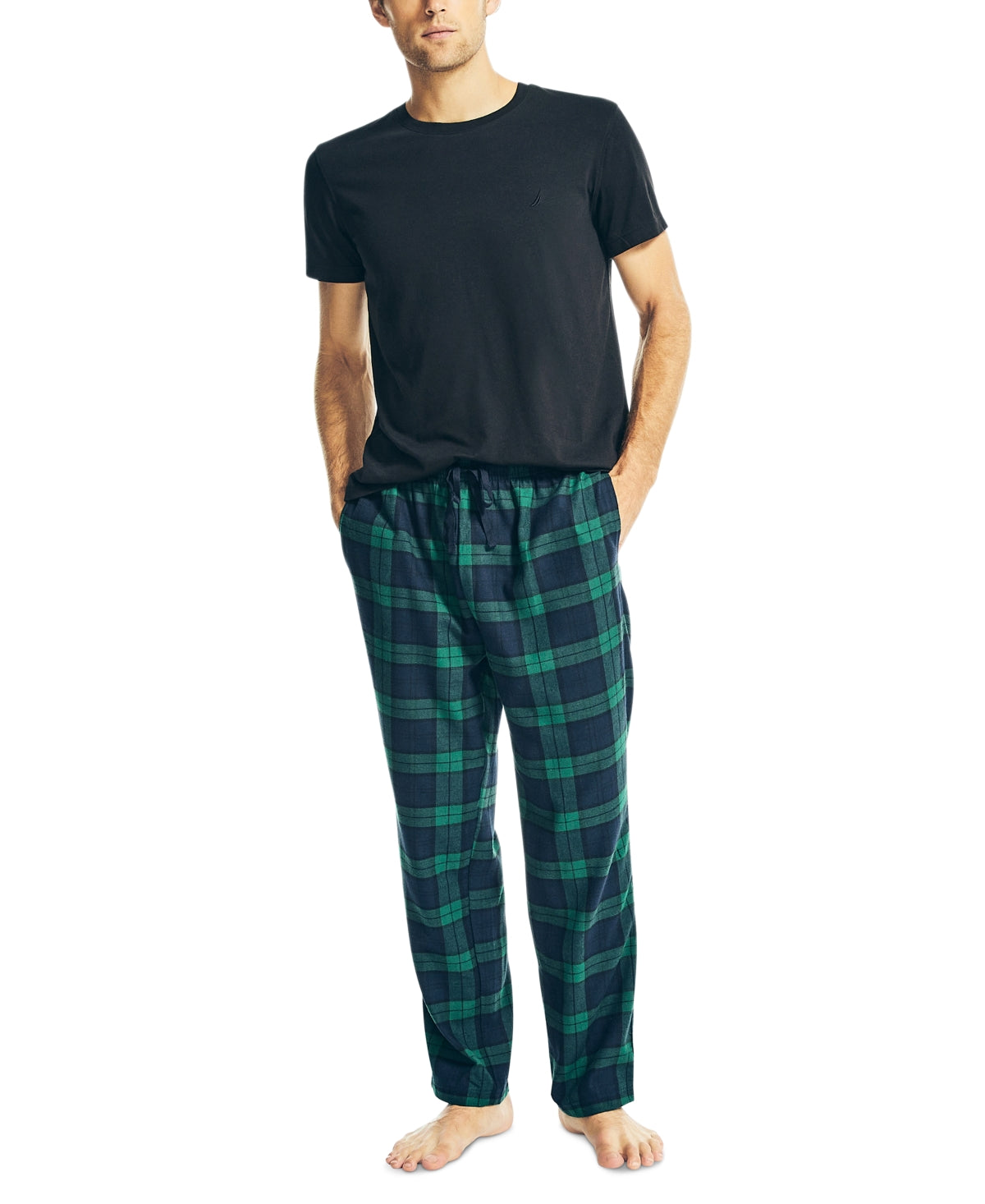 Nautica Mens 2 Piece T Shirt Flannel Pajama Pants Black Green Large