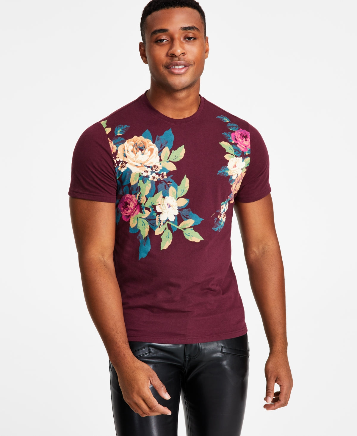 INC International Concepts Mens Andres Floral Short Sleeve T Shirt Plum Small