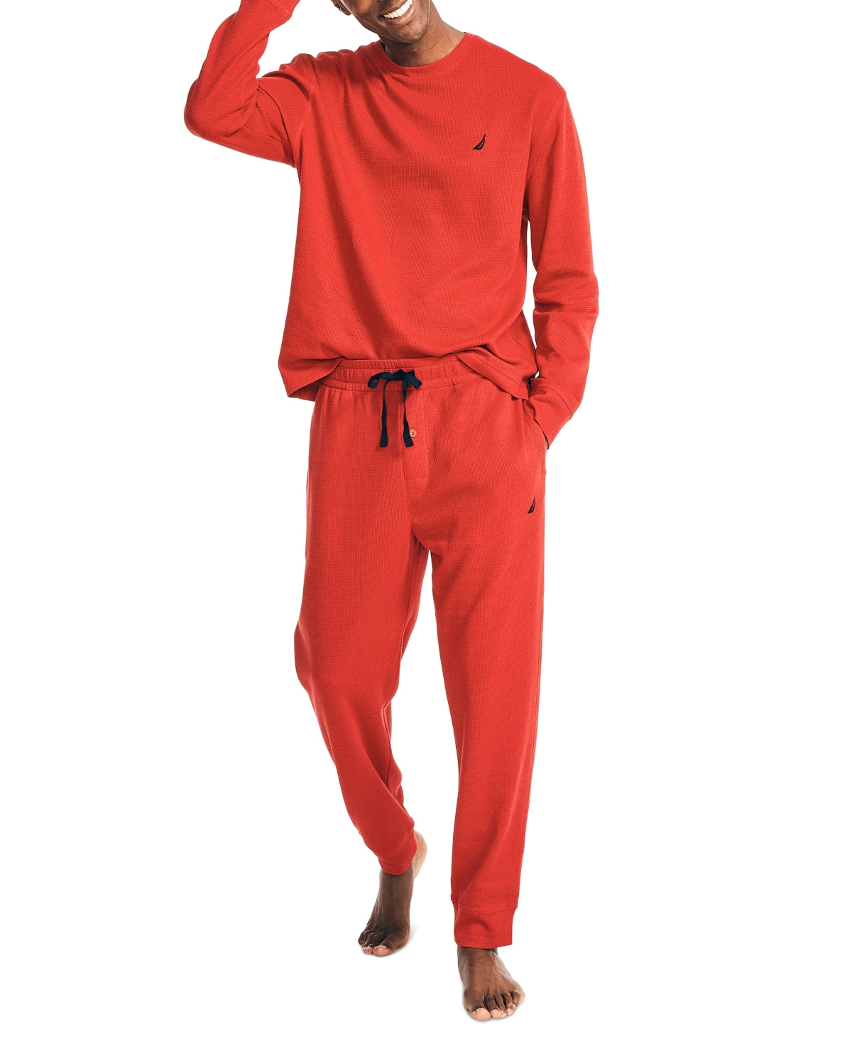 Nautica Men's Waffle Long Sleeve T Shirt Pajama Pants Set Red 2XL