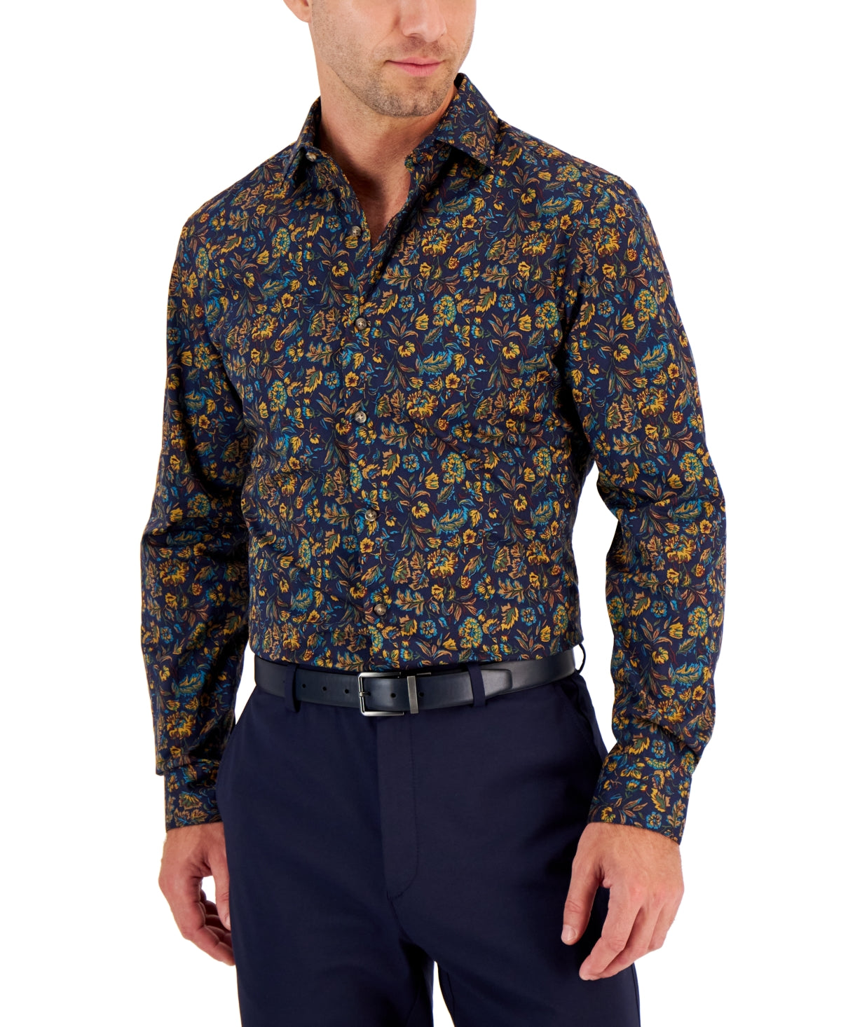 Bar III Men's Slim Fit Performance Button Down Shirt Navy Blue Comno Small