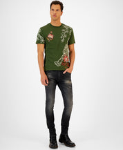 GUESS Men's Tiger Floral Embroidered Crewneck Short Sleeve T Shirt Green Large