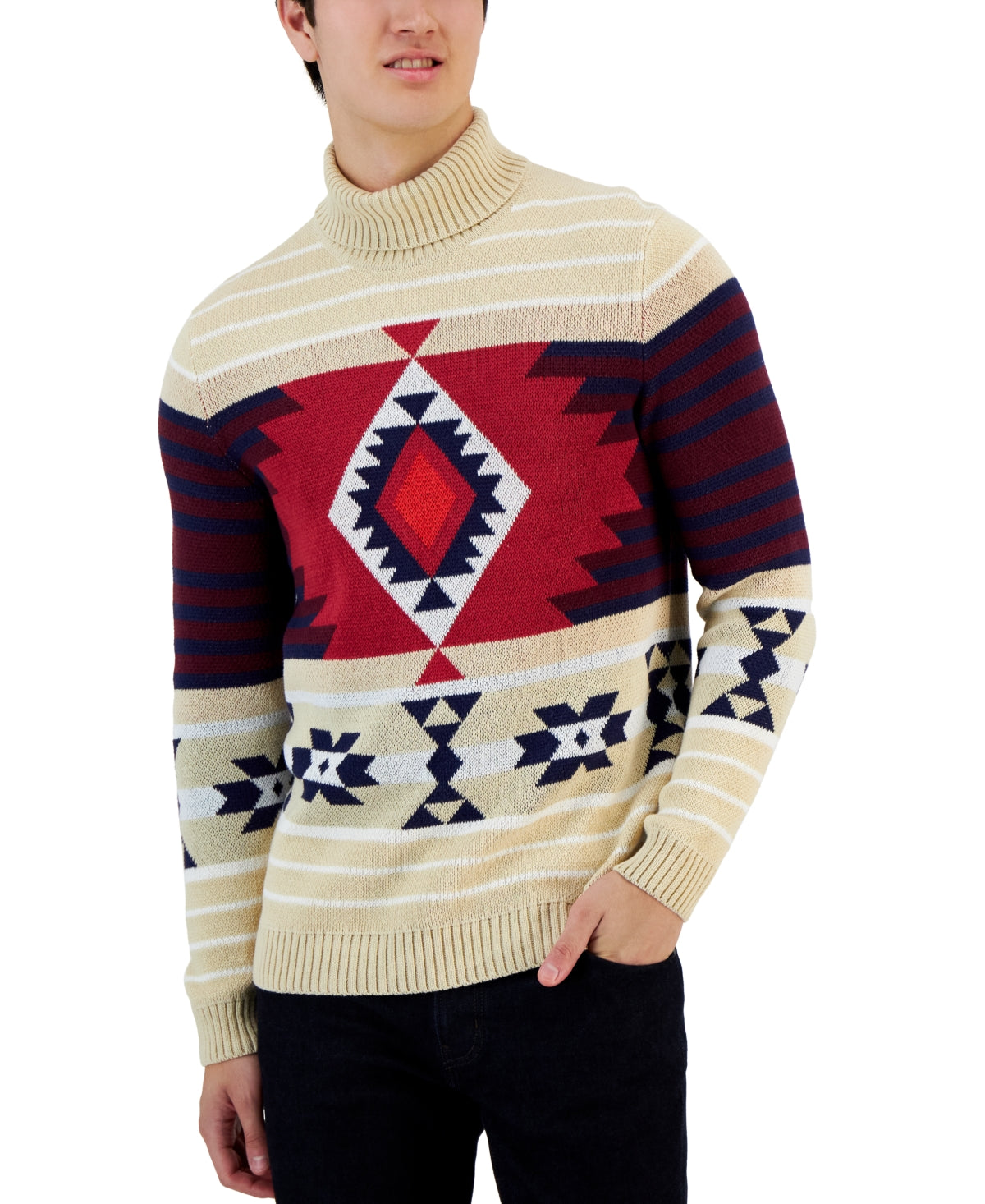 Club Room Mens Fair Isle Turtleneck Sweater Xl Beige Khaki  Cotton