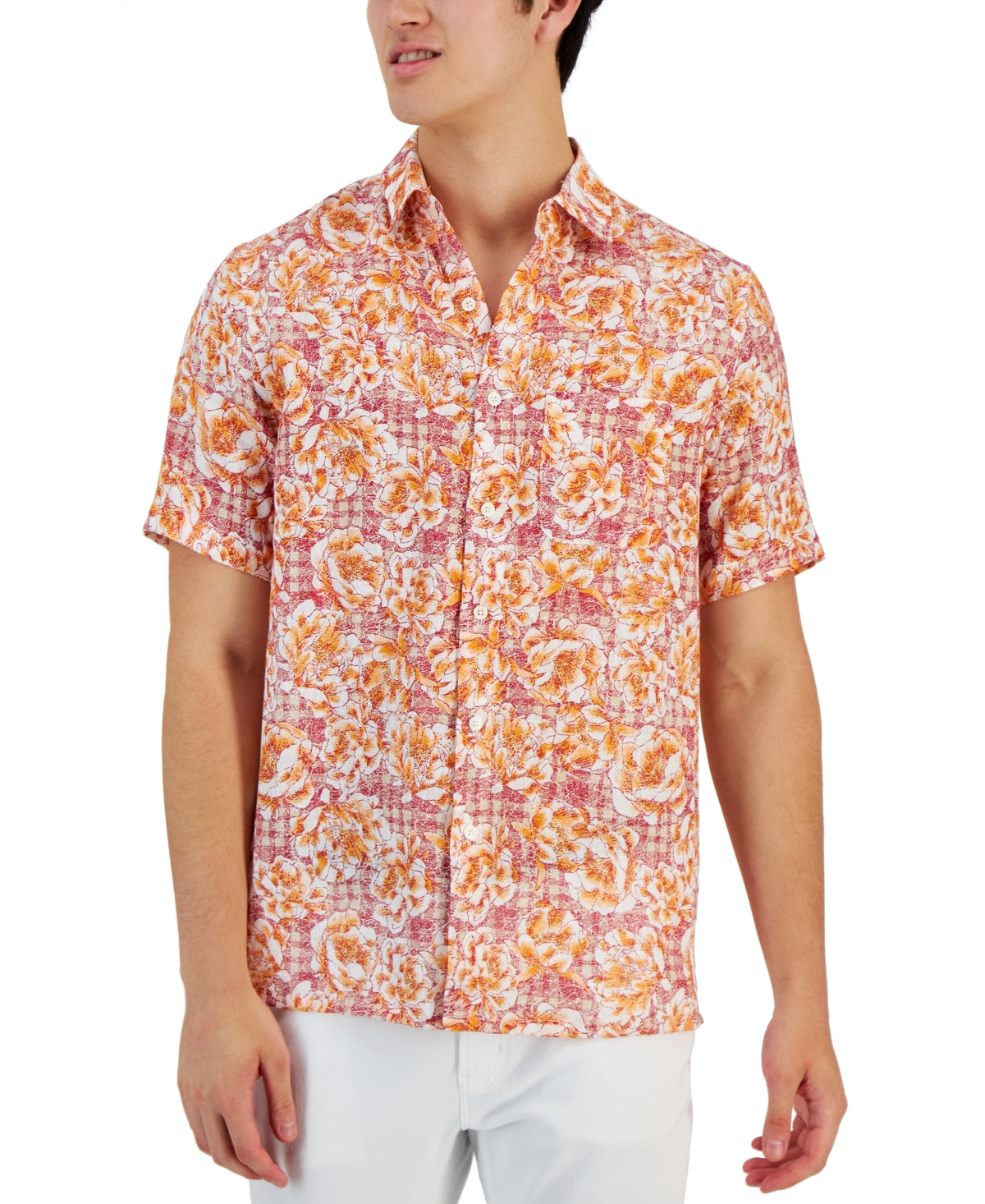 Club Room Mens Button Down Shirt Floral Karanda Red Combo Large