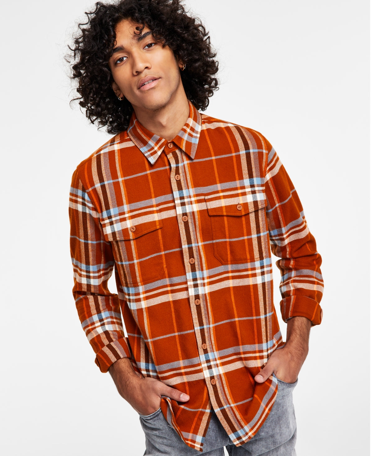 Sun + Stone Men's Paulie Plaid Flannel Shirt  Caramel Cafe Brown Small