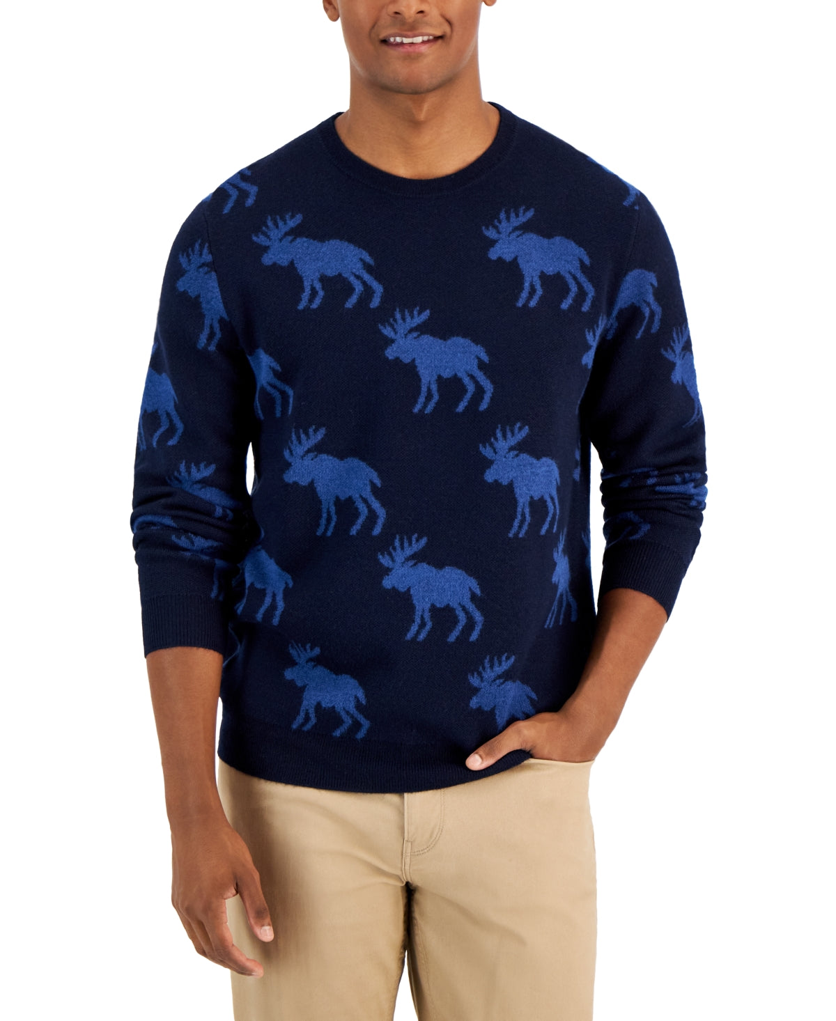 Club Room Moose Men's Wool Blend Crewneck Pullover Sweater  Navy Large