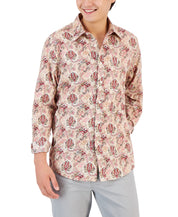 Club Room Mens Everly Paisley Button Down Shirt Khaki Beige Small