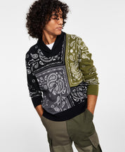 Sun + Stone Men's Shawl Neck Bandana Patch Sweater XXL Black Green