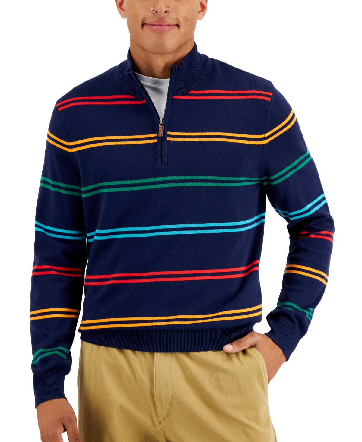 Club Room Men's Jolly Stripe Quarter-Zip Sweater Medium Navy Blue