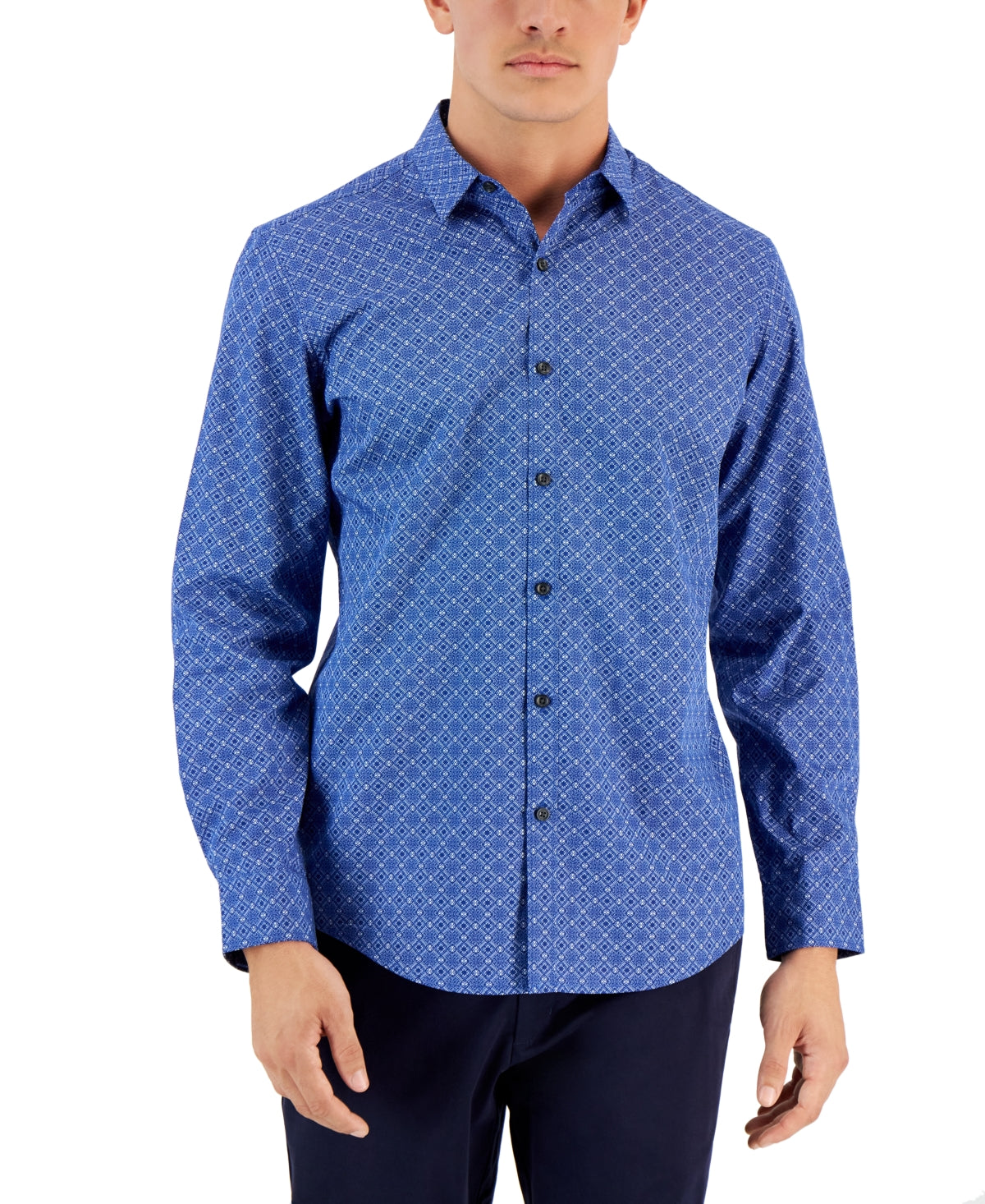 Alfani Mens Regular fit Long Sleeve Button-Up Shirt Large Blue Geometric