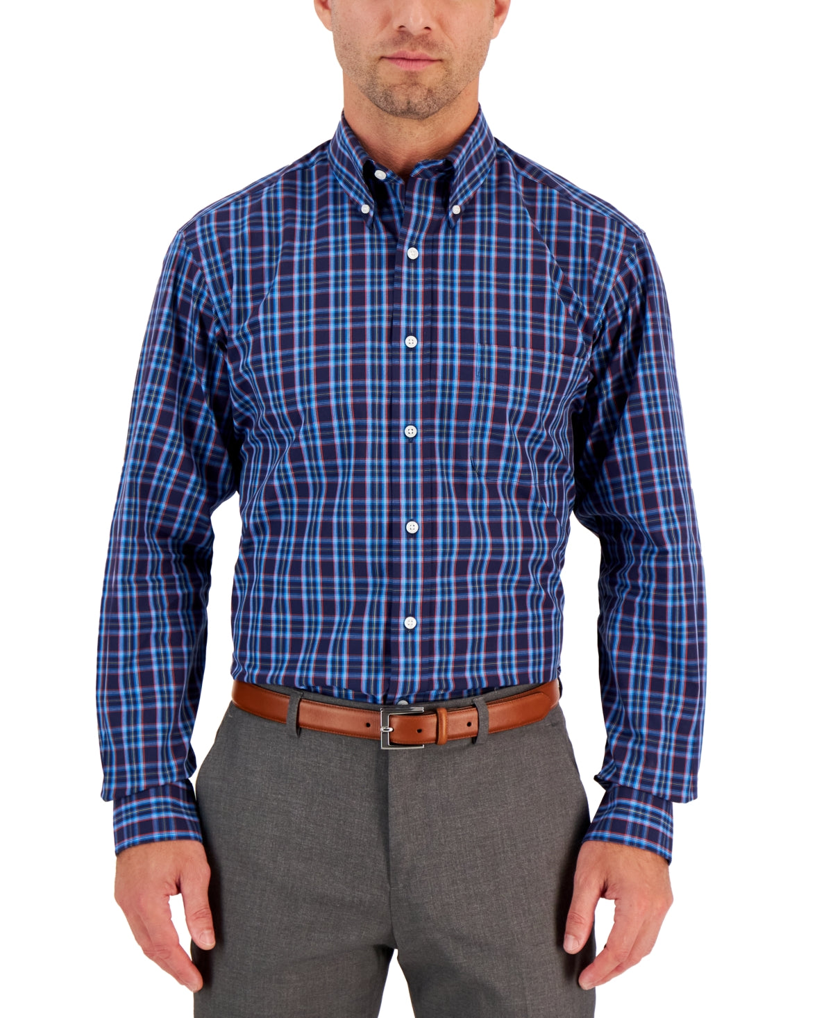 Club Room Mens Rojo Classic-Fit Plaid Button Down Shirt Navy Orange 17.5 36 37